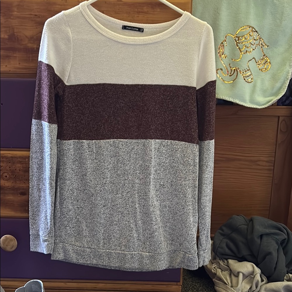 Colorblock Sweater - Cream, Brown, and Gray